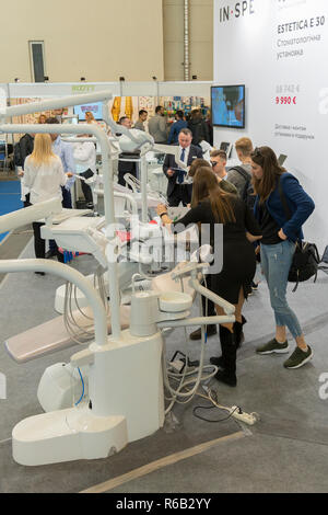 Kiev, Ukraine. October 5 2018. Dental exhibition, dental equipment. vertical photo. Stock Photo