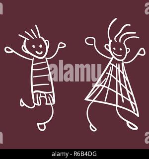 Girl and boy in the style of childrens drawings. Vector illustration. Outline drawing on a dark red background. Stock Vector