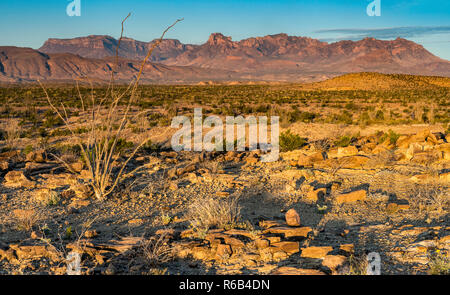 Chisos Mountains over Chihuahuan Desert at sunrise, view from Rio Grande Village Drive, Big Bend National Park, Texas, USA Stock Photo