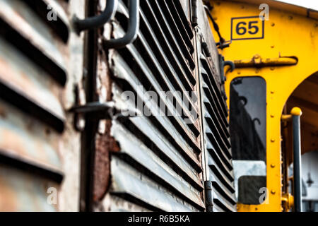 Details and different images of locomotives, marshalling yard, wagons, carriages and train stations in an old industrial heritage museum in the nether Stock Photo