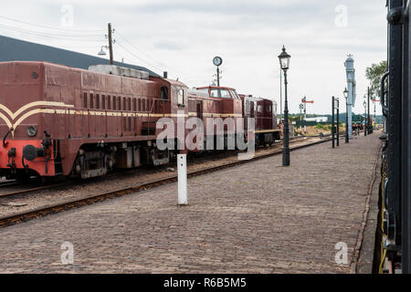 Details and different images of locomotives, marshalling yard, wagons, carriages and train stations in an old industrial heritage museum in the nether Stock Photo