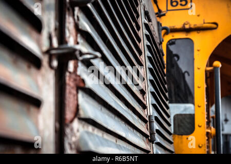 Details and different images of locomotives, marshalling yard, wagons, carriages and train stations in an old industrial heritage museum in the nether Stock Photo