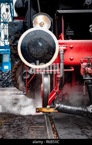 Details and different images of locomotives, marshalling yard, wagons, carriages and train stations in an old industrial heritage museum in the nether Stock Photo