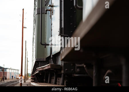 Details and different images of locomotives, marshalling yard, wagons, carriages and train stations in an old industrial heritage museum in the nether Stock Photo