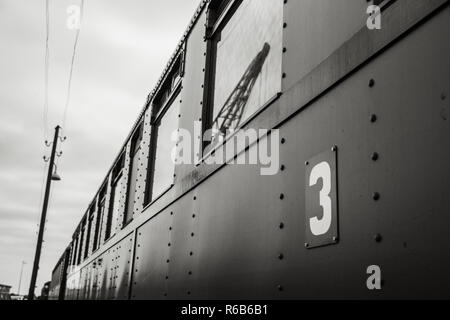 Details and different images of locomotives, marshalling yard, wagons, carriages and train stations in an old industrial heritage museum in the nether Stock Photo