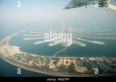 Palm Jumeirah and Atlantis Hotel as seen from a Seaplane Flight in Dubai, United Arab Emirates. Stock Photo