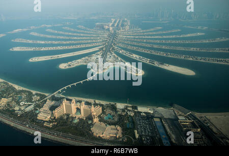 Palm Jumeirah and Atlantis Hotel as seen from a Seaplane Flight in Dubai, United Arab Emirates. Stock Photo