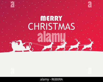 Merry Christmas. Santa Claus in a sleigh with reindeer. Greeting card with winter landscape design. Vector illustration Stock Vector