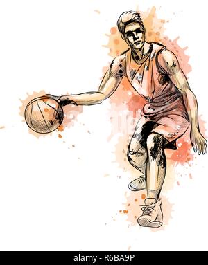 Abstract basketball player with ball from a splash of watercolor Stock Vector