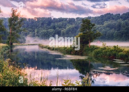 The Brenz river in Eselsburger Tal near Herbrechtingen, Germany at early morning Stock Photo