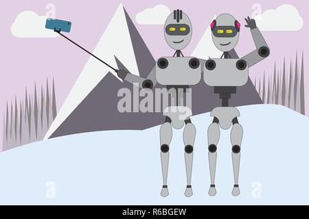 Robot couple taking selfie at snowy mountains.Futuristic vector illustration design. Stock Vector