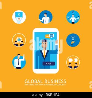 46 Businessman make video call Global business communication and technology concept Vector illustration Stock Vector