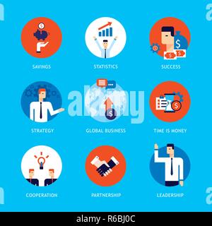 Successful business people Partnership flat icon set Happy businessman infographics Vector illustration Stock Vector