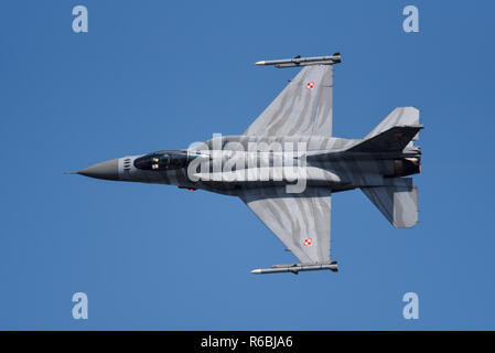 Polish Air Force General Dynamics F-16 Fighting Falcon fighter jet plane at the Royal International Air Tattoo, RIAT, Fairford airshow. Tiger stripes Stock Photo