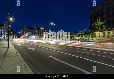 One of the central streets of Katowice after sunset. Poland. Europe. Stock Photo