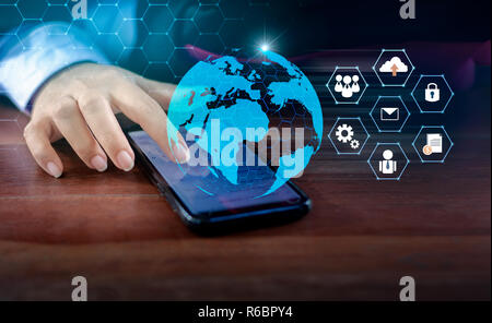 Smart Phones and Globe Connections Uncommon communication world Internet Businesspeople press the phone to communicate in the Internet. Space put mess Stock Photo