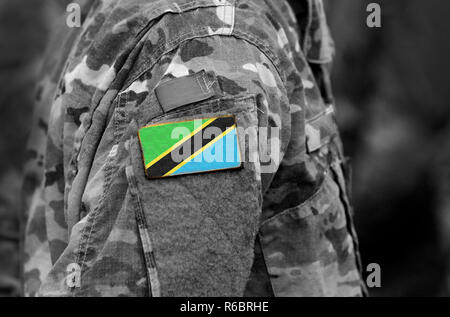 Flag of Tanzania on soldiers arm. Tanzania flag on military uniform. Army, troops, military, Africa (collage). Stock Photo