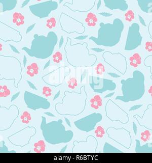 Pastel blue and pink with Teapot, cups, flowers and leaves vector seamless Pattern on light blue background. Stock Vector