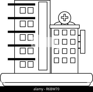 Hospital building scenery in black and white Stock Vector