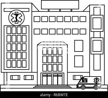 Hospital building scenery in black and white Stock Vector