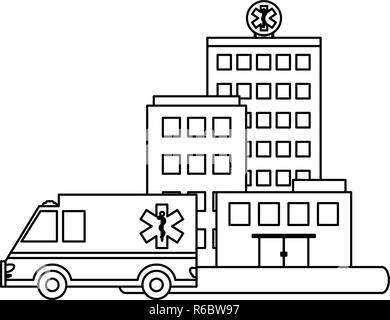 Hospital building scenery in black and white Stock Vector