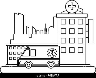 Hospital building scenery in black and white Stock Vector