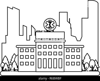 Hospital building scenery in black and white Stock Vector