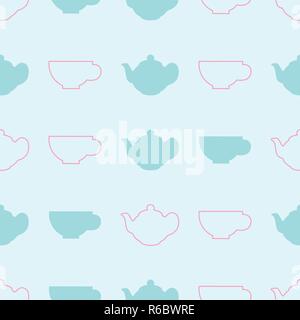 Pastel blue and pink Teapot and cup vector seamless Pattern on light blue background. Stock Vector