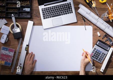 Architecture Drawing Blueprint With Pencil Stock Photo