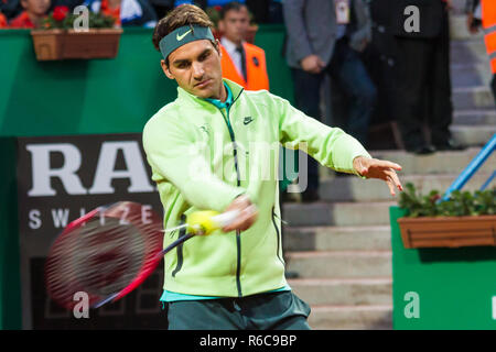 Roger Federer at Garanti Koza, Istanbul Open in Turkey 2015. Playing on clay court tennis. Stock Photo