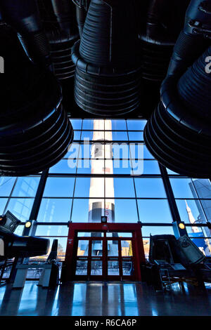 F-1 engines of the first stage of the Saturn V at the Saturn V Hall at the Davidson Center for Space Exploration, U.S. Rocket and Space Center Stock Photo