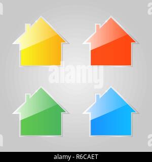 Colored shiny glass icons of private houses on a gray background. Vector illustration . Stock Vector
