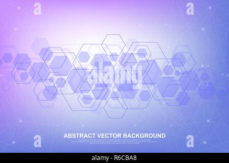 Abstract hexagonal background with waves. Hexagonal molecular structures. Futuristic technology background in science style. Graphic hex background for your design. Vector illustration Stock Vector