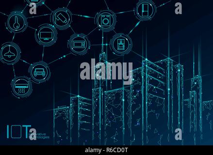 Internet of things low poly smart city 3D wire mesh. Intelligent building automation IOT concept. Modern wireless online control icon urban cityscape technology banner vector illustration Stock Vector