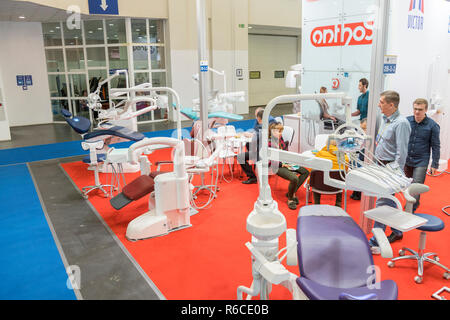 Kiev, Ukraine. October 5 2018. Dental exhibition, dental equipment. New dental chairs at the show. Stock Photo