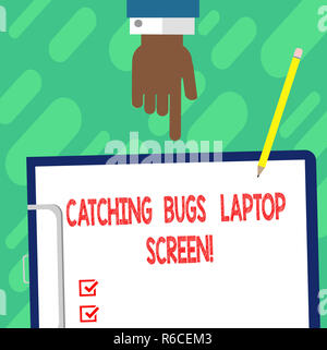 Handwriting text writing Catching Bugs Laptop Screen. Concept meaning Computer system protection safety antivirus Hu analysis Hand Pointing Down to Cl Stock Photo