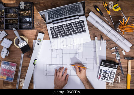 Architecture's Hand Drawing Blueprint Stock Photo