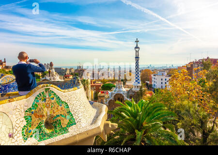 Barcelona, Catalunya ,Spain - Dicember 01, 2018: Park Guell by architect Gaudi. Parc Guell is the most important park in Barcelona.