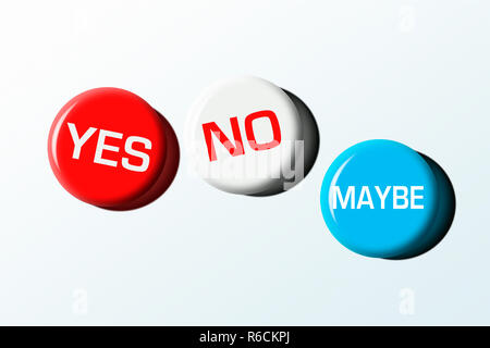 Three badges with 'yes', 'no' and 'maybe' against a white background Stock Photo