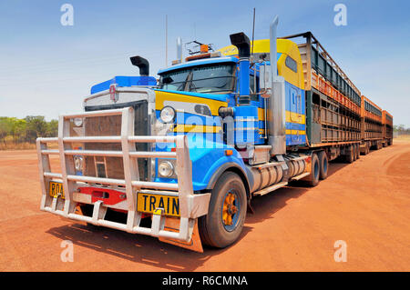 Australian Road Train On The Side Of A Road, Outback Northern Territory, Australia Stock Photo