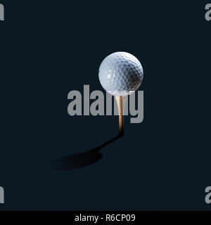 White golf ball on wooden tee as still life with shadow and dark background Stock Photo