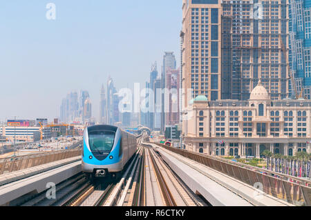 Metro Railway And Fully Automated Train In Modern And Luxury Dubai City, United Arab Emirates Stock Photo