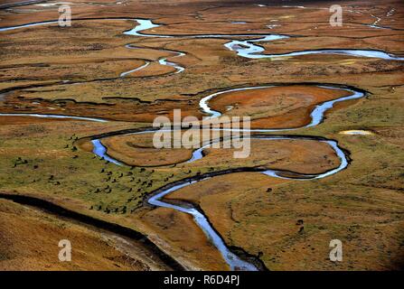 (181205) -- BEIJING, Dec. 5, 2018 (Xinhua) -- Photo taken on Oct. 22, 2009 shows the scenery of a wetland at Awancang Township in Gannan Tibetan Autonomous Prefecture, northwest China's Gansu Province. China has been delivering on its commitment to the international community on climate change by continuously shifting to a more green economy over the past years. New energy-rich regions like Inner Mongolia and Ningxia are sending more electricity generated from clean energy to the country's bustling east to help reduce the country's heavy reliance on coal in the fight against pollution Stock Photo