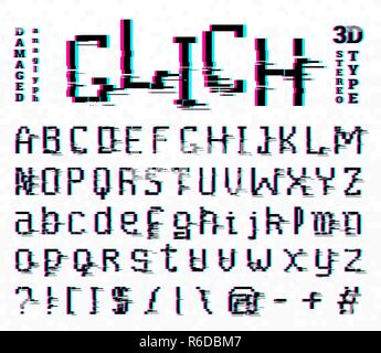 Pixel Glitch font. noise 8-bit symbols. Digital video game style. Letters and numbers. Vintage retro typeface abc. Error Computer Video. Futuristic Alphabet. Stock Vector