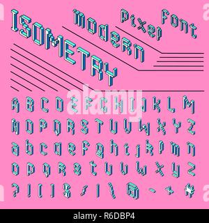Pixel isometric font. 8-bit symbols. 3D Digital video game style. Letters and numbers. Vintage retro typeface abc. Vector Alphabet, Futuristic design. Error Computer Video. Stock Vector