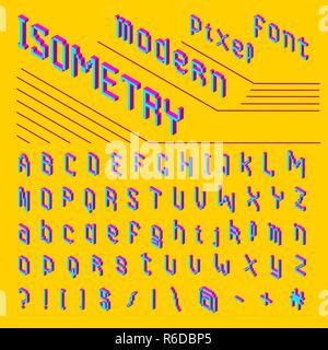 Pixel isometric font. 8-bit symbols. 3D Digital video game style. Letters and numbers. Vintage retro typeface abc. Error Computer Video. Vector Alphabet, Futuristic design. Stock Vector