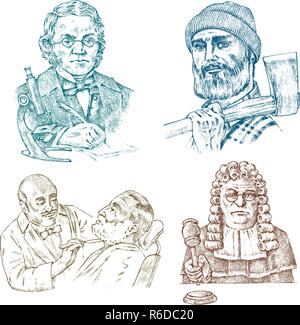 Vintage Professions. Judge man or magistrate, scientist professor with glasses. Hairdresser in barber shop. Woodcutter or lumberjack. Portrait of a man. Old monochrome sketch. Vector illustration. Stock Vector