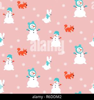 Snowman vector pattern seamless pink background. Stock Vector