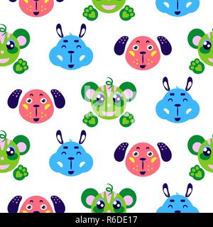 Funny animals cute smiling childish vector colorful seamless repeat pattern. Stock Vector