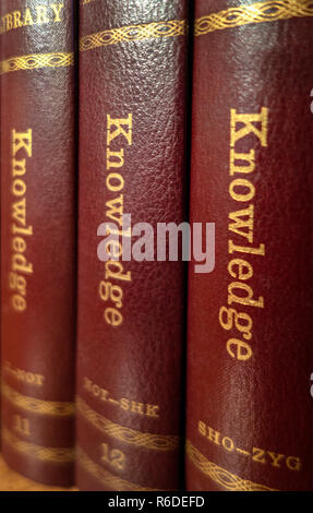 Closeup of a Set of The New World Library of Knowledge Books illustrated Encyclopedia's on a book shelf in an English house Stock Photo